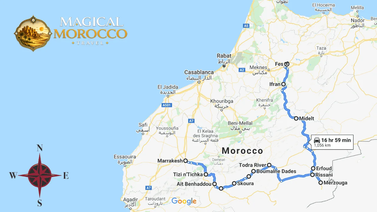 3 Days from Marrakech to Fes via Desert Map